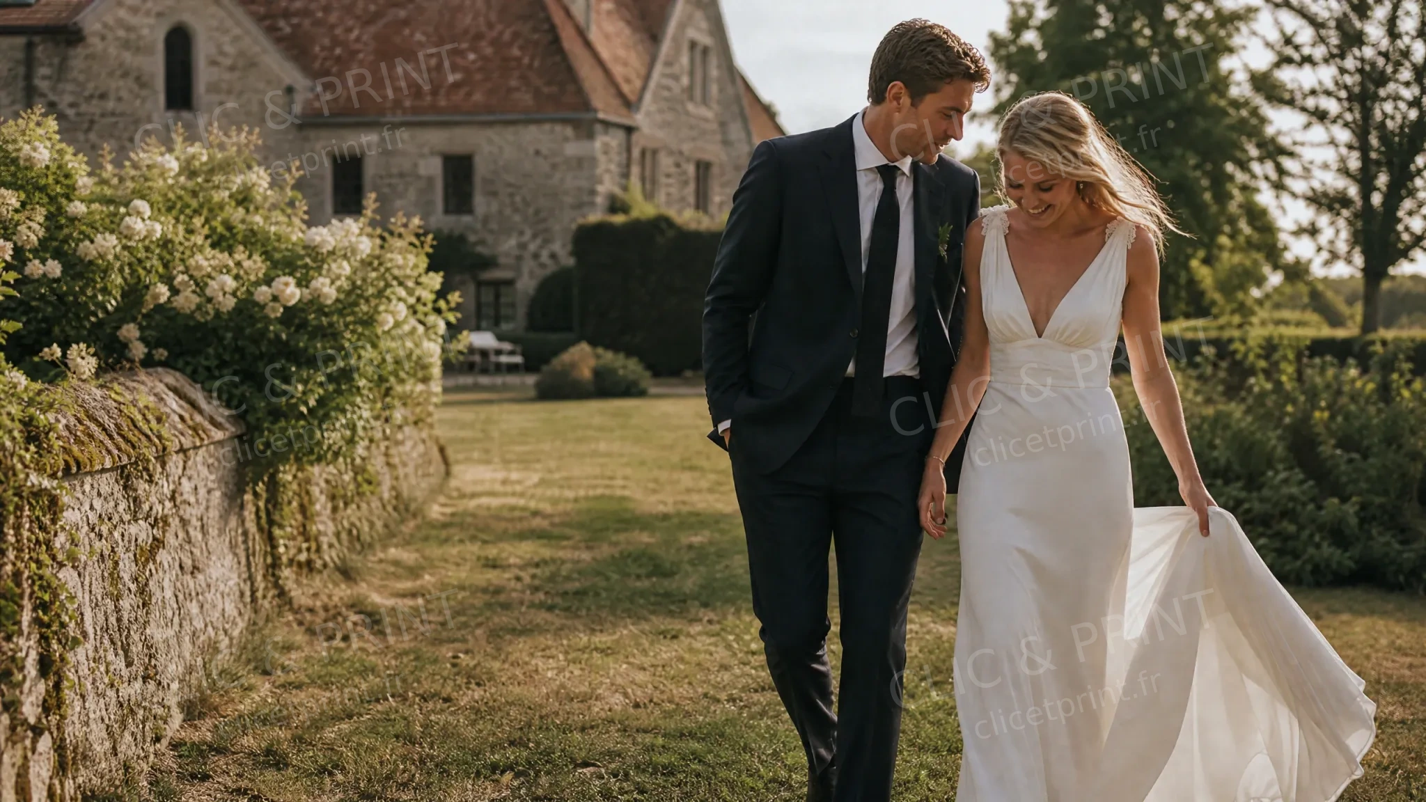 Couple de mariés en extérieur, photographie CLIC & PRINT